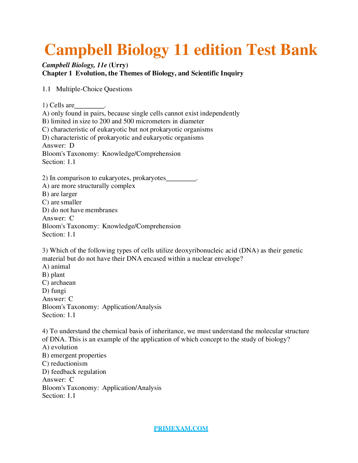 Test Bank for Campbell Biology 11th Edition Chapter 1 56 Updated 1242